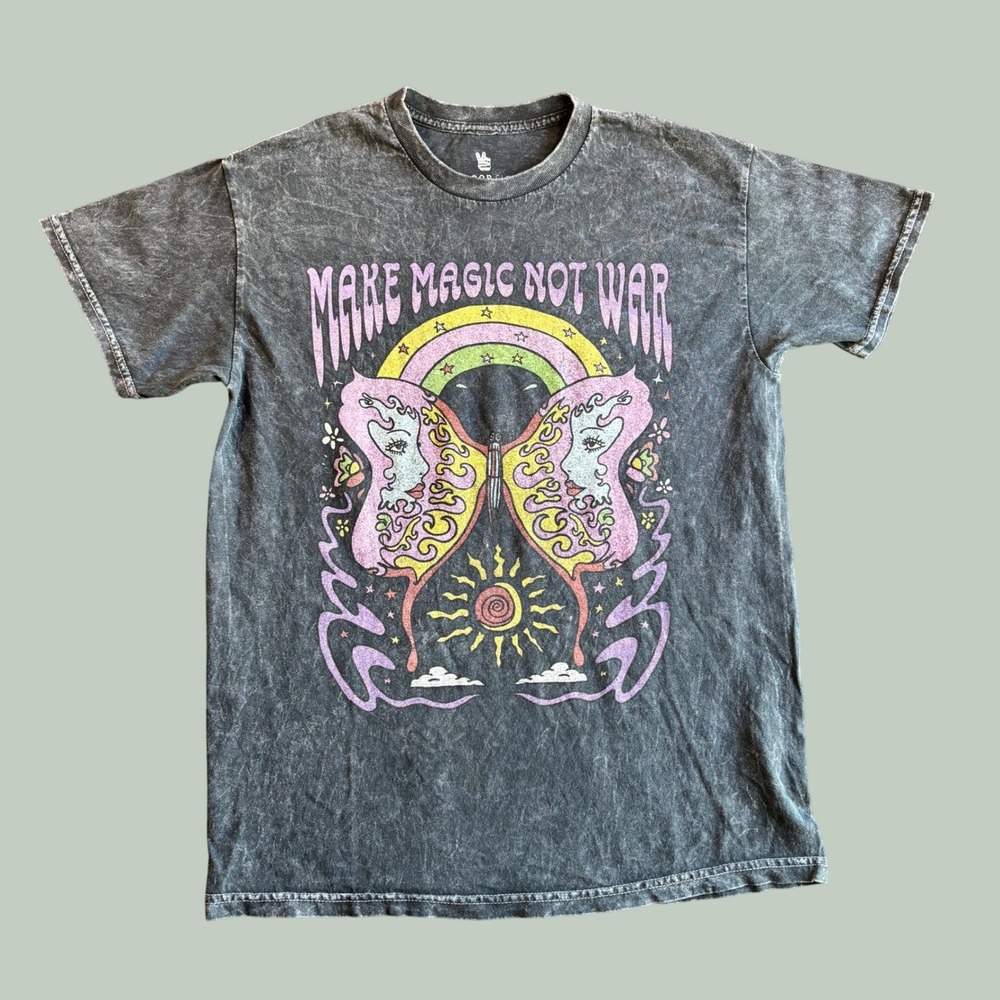 Junk Food Womens Graphic Tee S Gray Make Magic Not War Acid Wash Hippie BohoTee